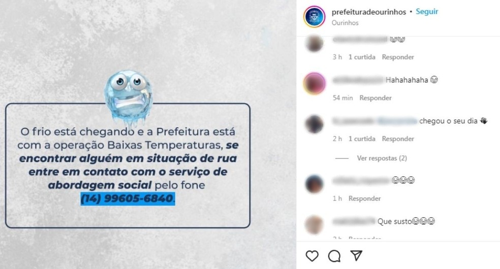 Para além da brincadeira, Prefeitura de Ourinhos usou publicação para alertar moradores quanto às baixas temperaturas — Foto: Reprodução/Instagram