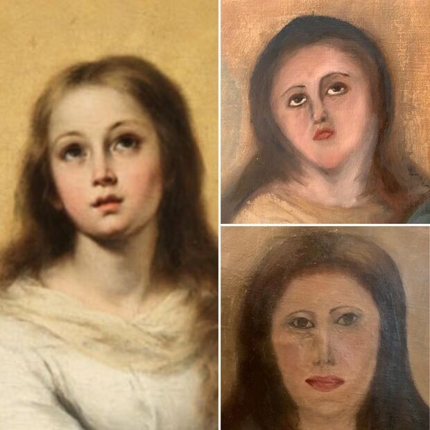 VALENCIA, SPAIN - JUNE 22: Original painting of one of Murillo's famous Immaculates (L), and the results of an improper intervention by a furniture restorer on a copy of this painting of a Valencian collector, the first intervention at the top right and t (Foto: Europa Press via Getty Images)
