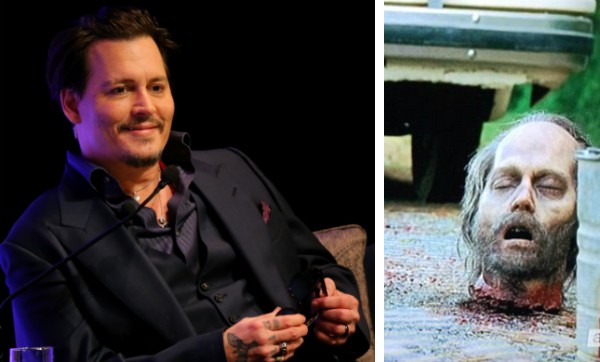 O ator Johnny Depp e a cabeça de zumbi com suas feições em 'The Walking Dead' (Foto: Getty Images/Reprodução)