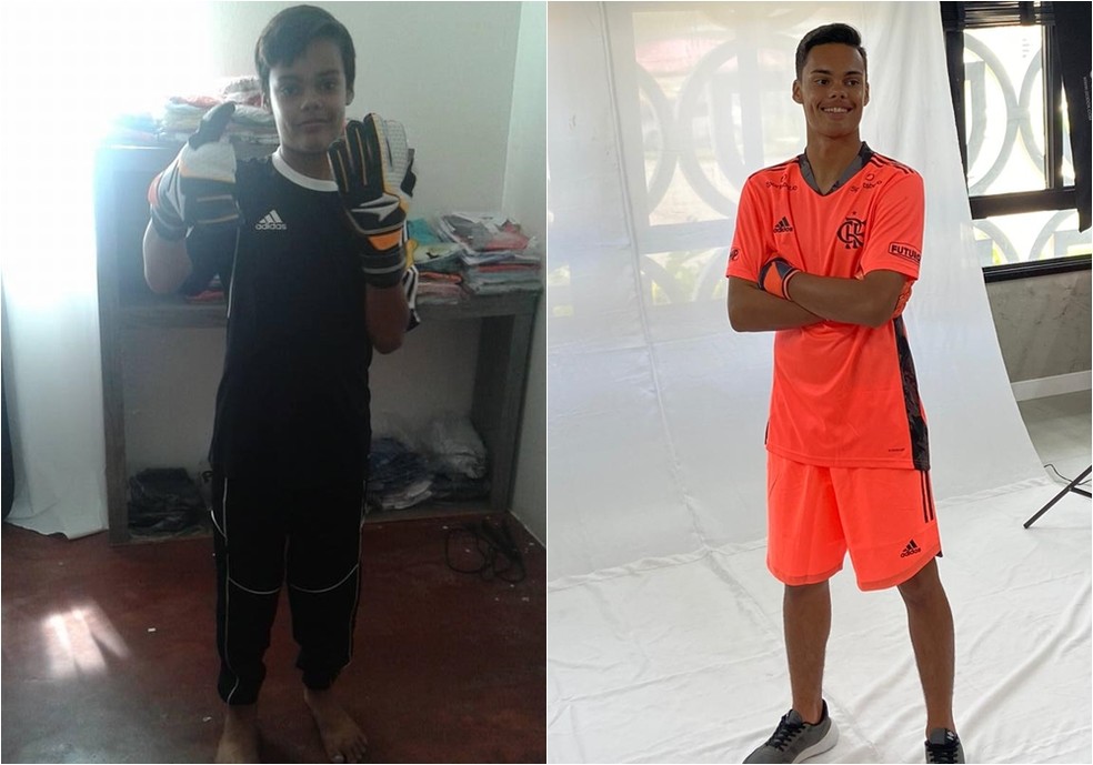 Kawe com 9 anos e hoje, aos 15, com a camisa do Fla — Foto: Arquivo Pessoal