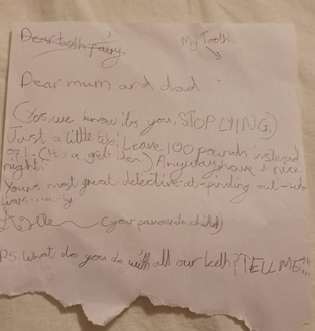 Após descobrir a verdade por trás do mito da fada do dente, criança escreve carta para seus pais para pedir mais dinheiro em troca de seus dentes de leite (Foto: Twitter/ Reprodução)