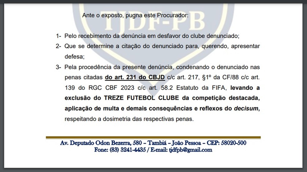 Posicionamento da Procuradoria do TJDF-PB contra o Treze — Foto: Divulgação / TJDF-PB