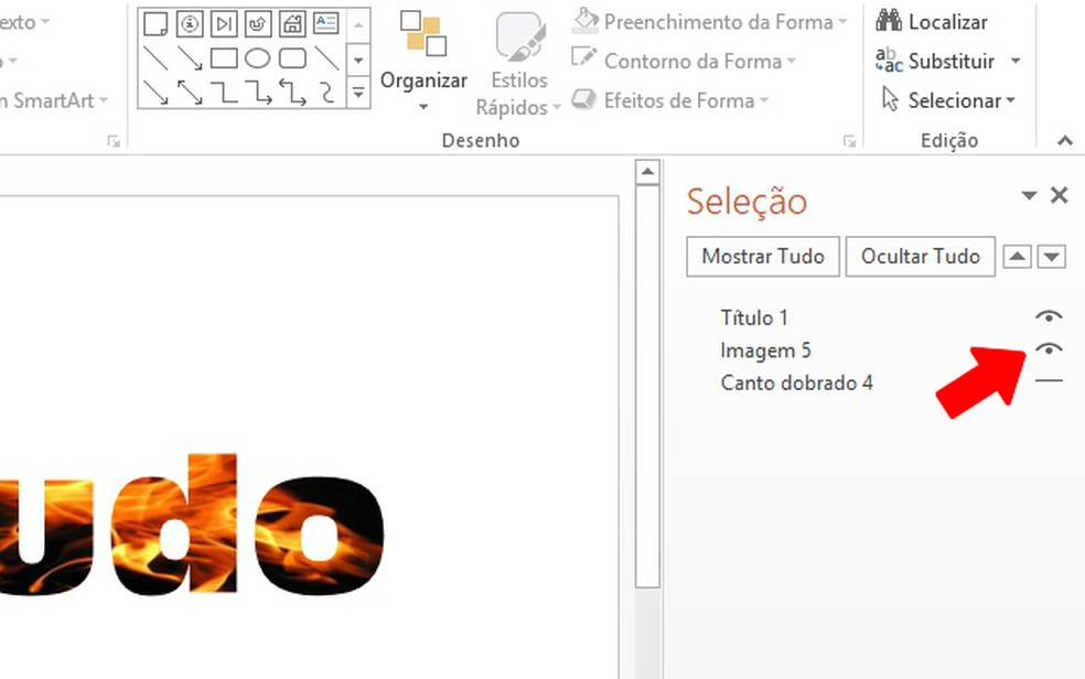 Ícone de olho revela ou esconde objetos no PowerPoint (Foto: Reprodução/Rodrigo Fernandes)
