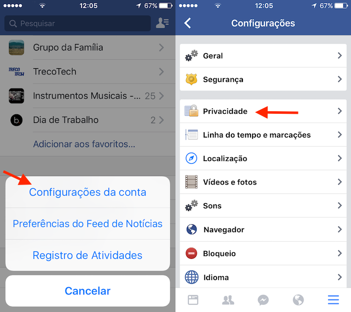 Acesso para as configurações de privacidade do Facebook para iPhone (Foto: Reprodução/Marvin Costa)