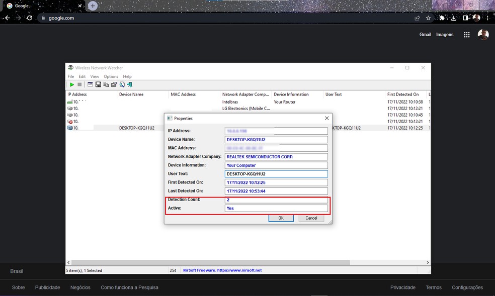 Wireless Network Watcher fornece informações acerca das contas conectadas em cada dispositivo — Foto: Reprodução/Gabriel Pereira