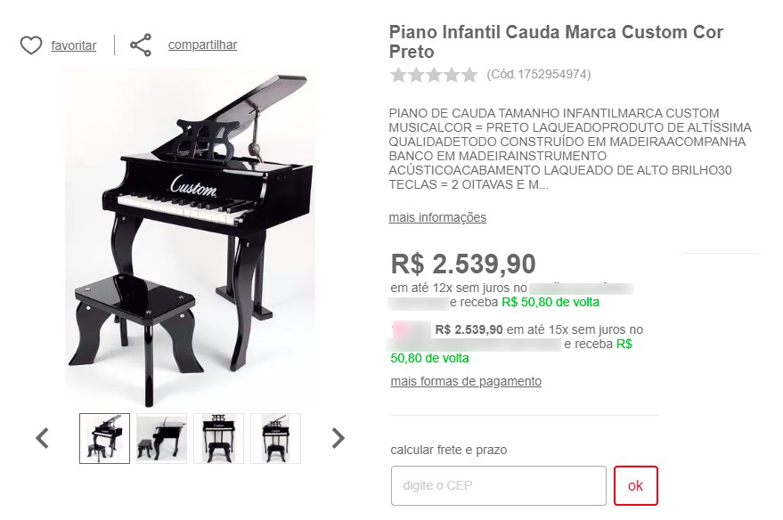 O piano infantil custa pouco mais de R$ 2,5 mil em uma loja da internet (Foto: Reprodução)