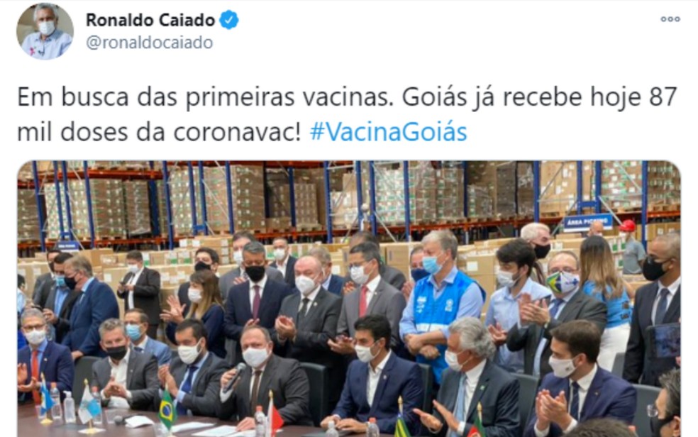 Ronaldo Caiado divulga número de vacinas a serem recebidas por Goiás nesta segunda-feira  — Foto: Reprodução/Twitter