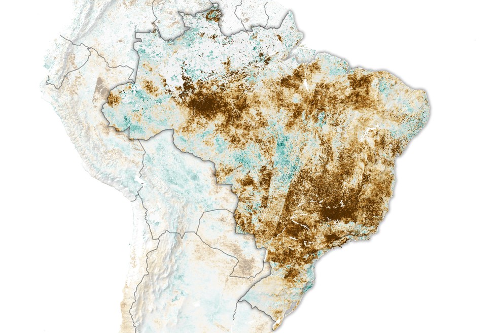 Mapa do Brasil, segundo Índice de Estresse Evaporativo (ESI, na sigla em inglês) — Foto: Nasa via BBC