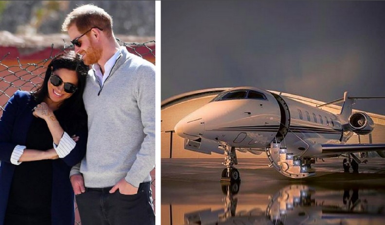 Meghan Markle e o Príncipe Harry com um dos aviões da empresa que prestou serviço a eles (Foto: Instagram)