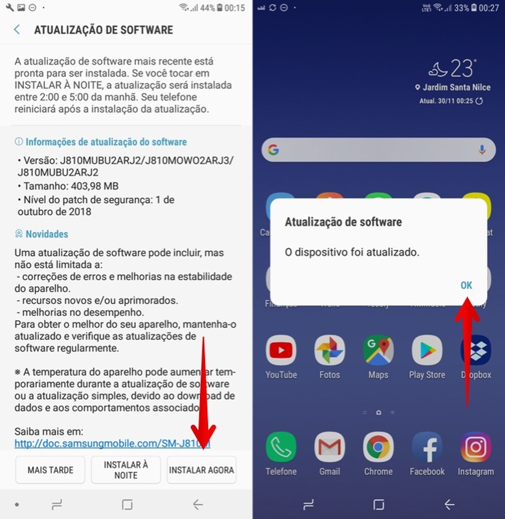 Instale atualização para o Galaxy J8 — Foto: Reprodução/Helito Beggiora