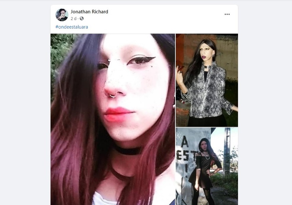 Jonathan Richard, namorado da jovem transexual Luara Redfield preso suspeito de matá-la em Mairinque, fez postagem sobre o desaparecimento dela — Foto: Facebook/Reprodução