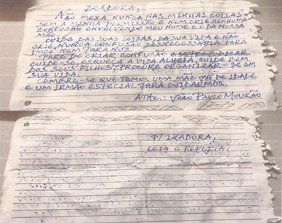 Bilhete escrito pelo suspeito de matar irmã a facadas no Piauí — Foto: Reprodução