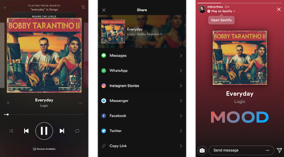 Spotify permite compartilhar mÃºsicas no Instagram Stories; veja como (Foto: DivulgaÃ§Ã£o/Instagram)
