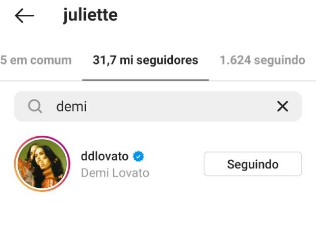 Juliette é seguida por Demi Lovato (Foto: Reprodução/Instagram)
