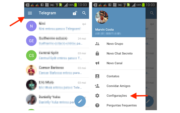 Acessando as configurações do Telegram no Android (Foto: Reprodução/Marvin Costa)