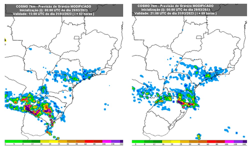 O mapa apresenta a probabilidade de incidência da chuva de granizo. Os tons em azul e verde indicam pequena possibilidade; tons em amarelo e laranja indicam possibilidade média e tons em vermelho e lilás indicam possibilidade alta. — Foto: Reprodução/INMET