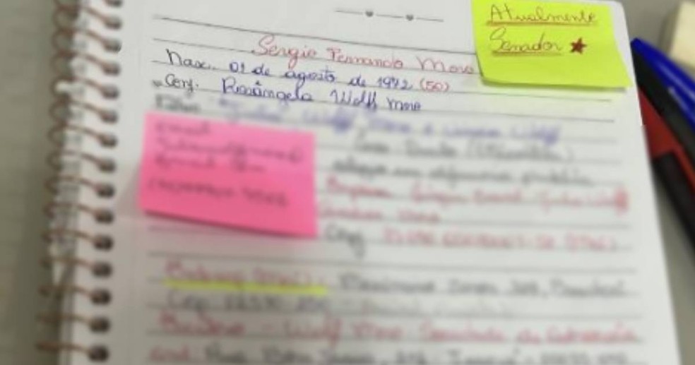 Caderno dos suspeitos tinha controle de endereços de Moro e da família — Foto: Reprodução