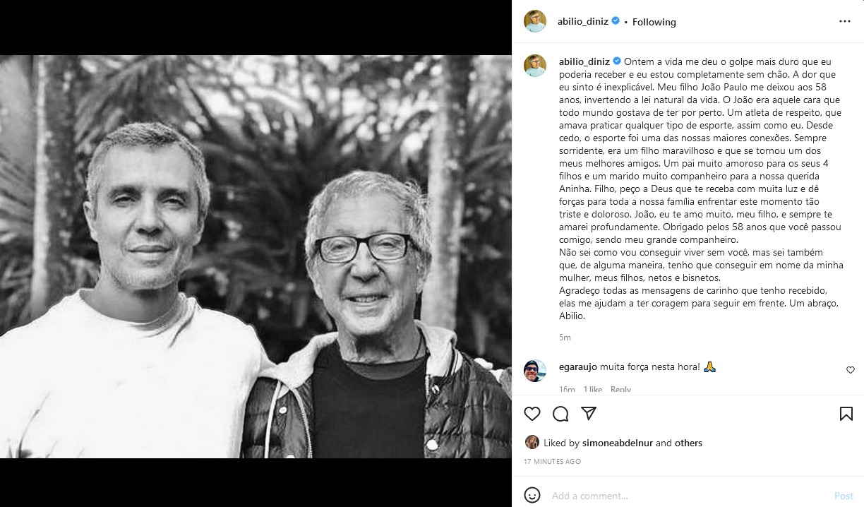 Abílio Diniz se despede do filho João Paulo DIniz com post no Instagram (Foto: Reprodução Instagram)