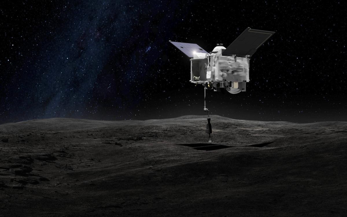 Ilustração mostra sonda OSIRIS-REx se aproximando do asteroide Bennu (Foto: Divulgação/ Goddard SpaceFlight Center)