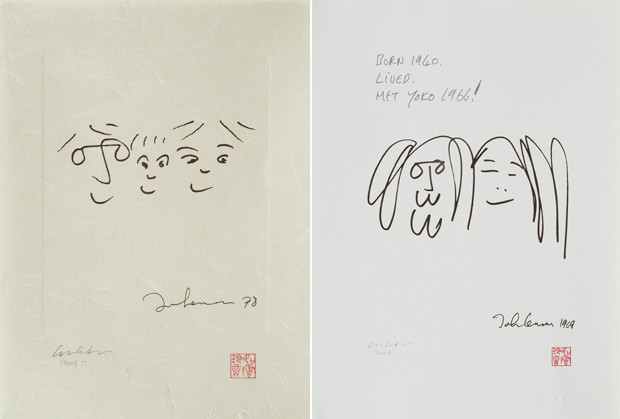 Artes intituladas 'Happy life' e 'Forever love', feitas por John Lennon (Foto: AP/Cortesia de Yoko Ono)