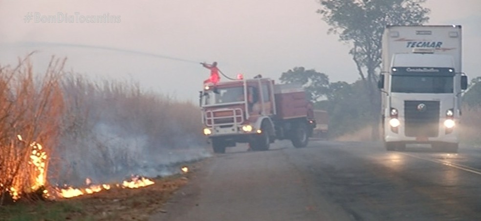 Incêndio às margens da BR-153 mobiliza Bombeiros, em Gurupi — Foto: Reprodução/TV Anhanguera