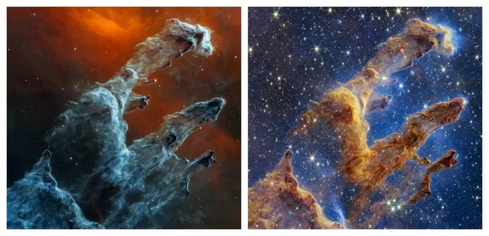 A Nebulosa da Águia, a 6,5 mil anos-luz da Terra, vista em infravermelho médio (primeira imagem) e infravermelho próximo (segunda imagem) — Foto: NASA/ESA/CSA/STSCI (BBC News)