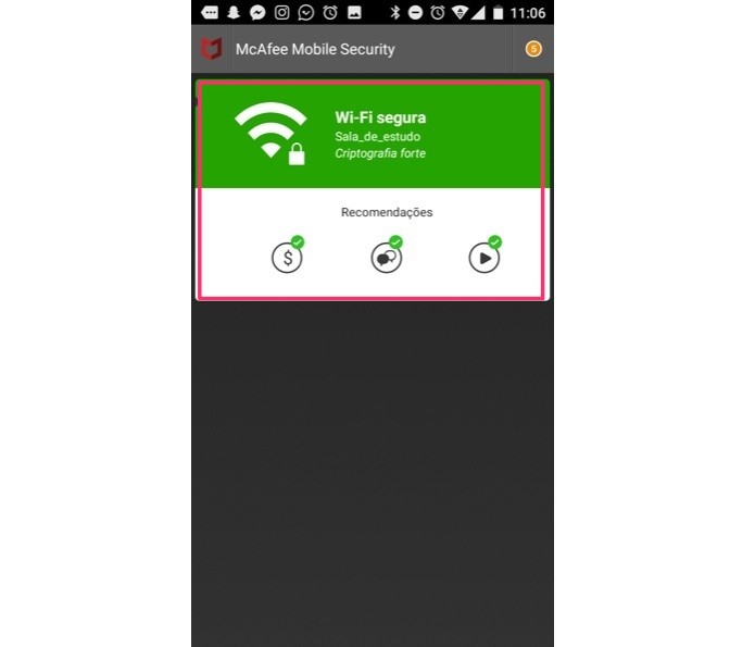Informações sobre a segurança da rede wi-fi do Android exibidas no app McAfee Mobile Security (Foto: Reprodução/Marvin Costa)