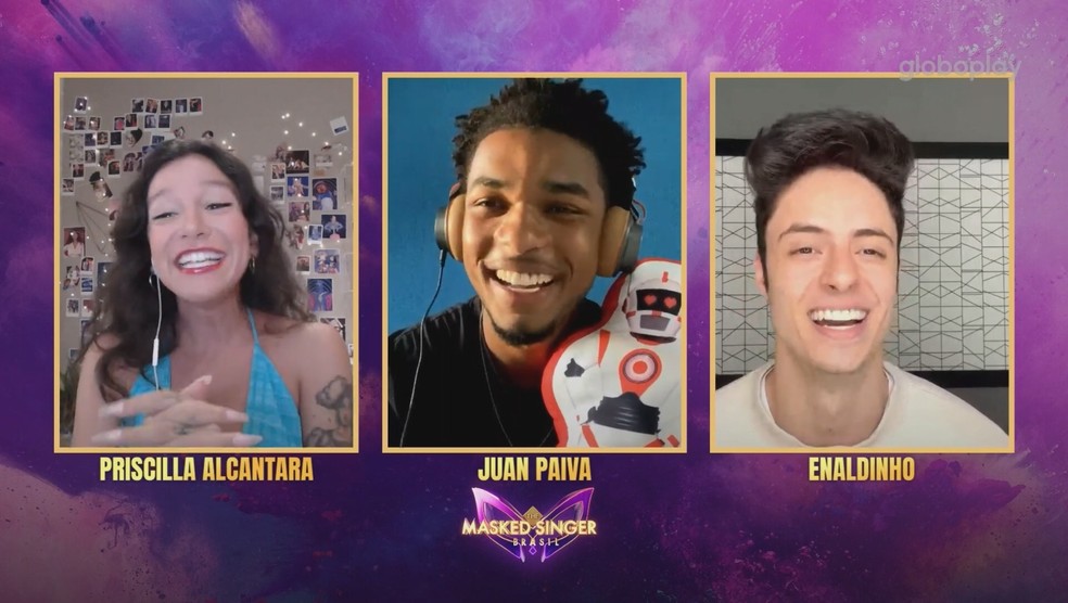 Priscila Alcantara, Juan Paiva e Enaldinho conversam sobre The Masked Singer Brasil — Foto: Gshow