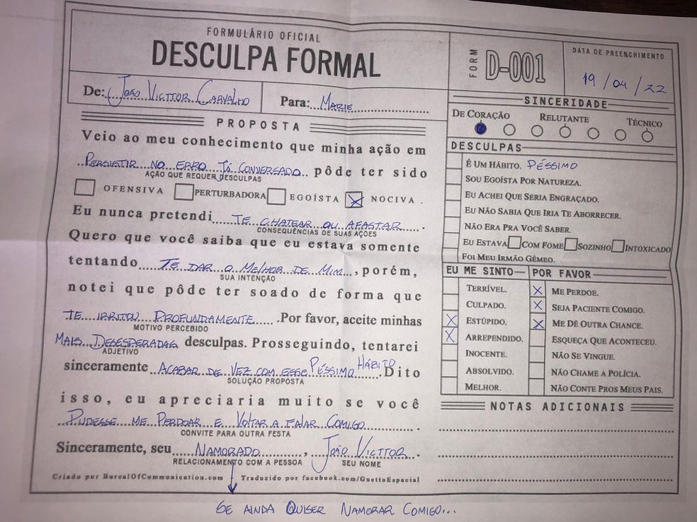 Formulário enviado por namorado com pedido de desculpas viraliza na internet — Foto: Cedida