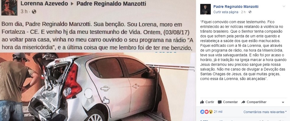 Sobrevivente ouvia padre Manzotti durante acidente com 5 carros em  Fortaleza e agradece por 'milagre' | Ceará | G1