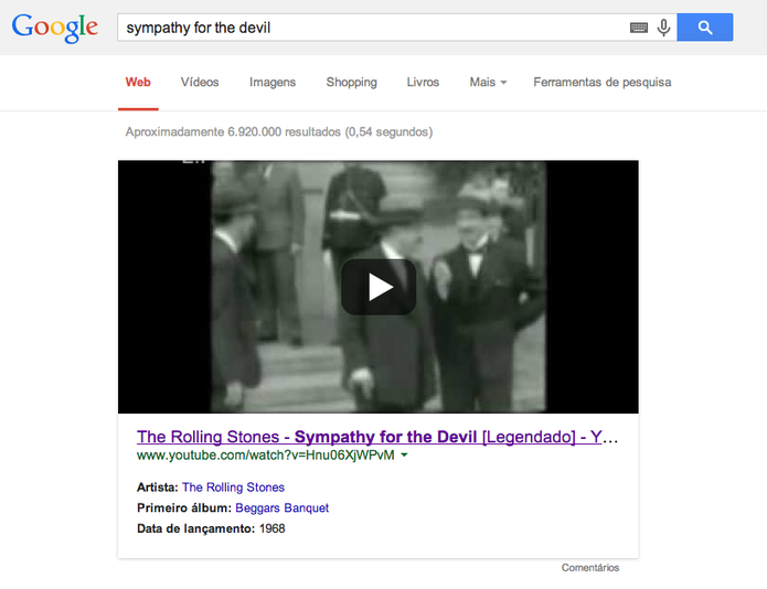 Busca por 'sympathy for the devil' mostra como resultado vídeo de fã no YouTube (Foto: Reprodução/YouTube)