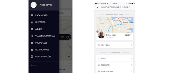 Abra o menu do Uber para pedir o reembolso (Foto: Reprodução/Thiago Barros)
