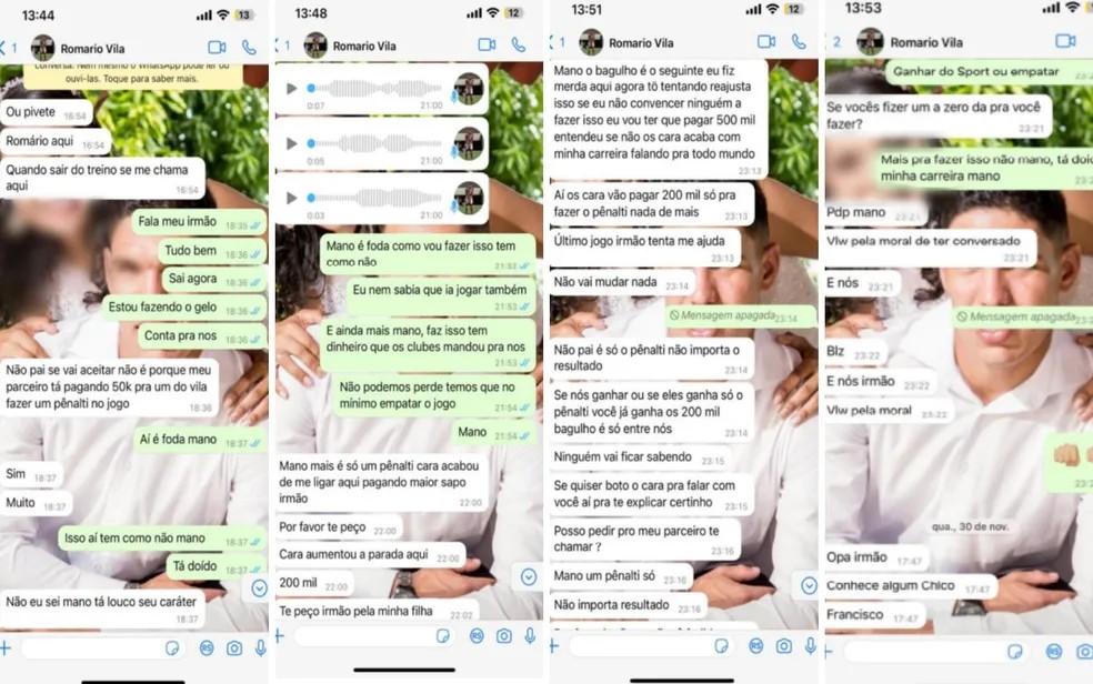 Em mensagens, Romário tenta cooptar companheiro de elenco, Sousa, para participar do esquema de manipulação — Foto: Reprodução