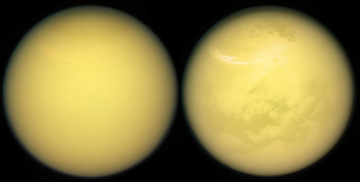 Duas novas visualizações de Titã mostram novos detalhes sobre a sua superfície, como nuvens e neblinas (Foto: NASA/JPL-Caltech/Space Science Institute)