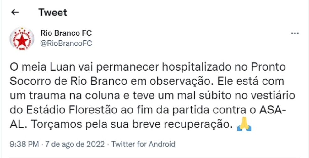Meia vai passar a noite em observação no PS após mal súbito — Foto: Reprodução/Twitter