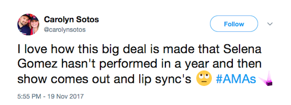 Uma das críticas feitas contra a cantora Selena Gomez por sua apresentação no 2017 American Music Awards  (Foto: Twitter)