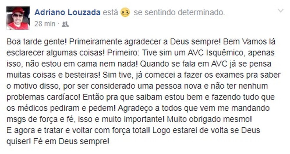 Adriano Louzada posta mensagem em rede social informado sobre estado de saúde (Foto: Reprodução/Facebook)