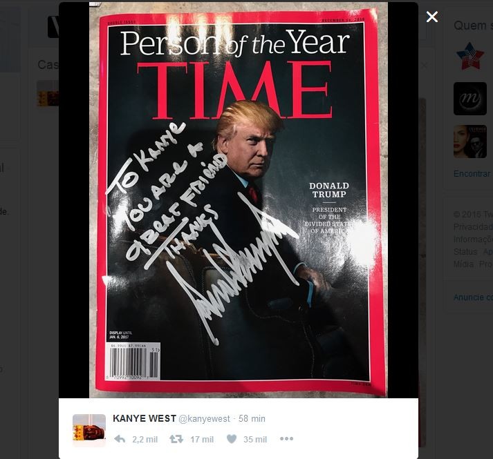 Kanye publicou foto do presente de Trump no Twitter (Foto: Reprodução)