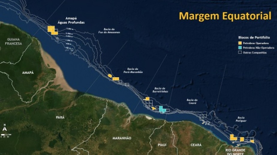 Mapa mostra a Margem Equatorial, área onde está o bloco da Petrobras