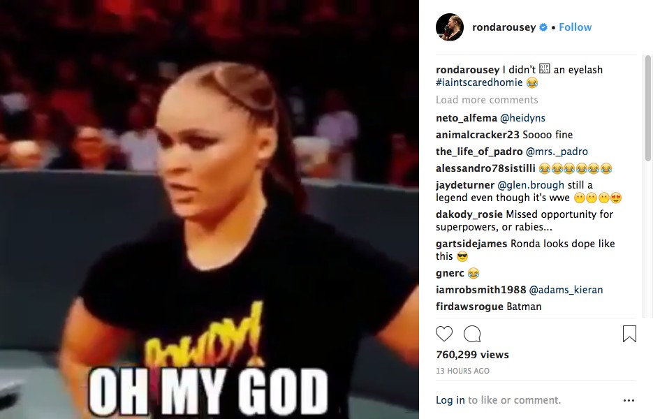 O vídeo compartilhado por Ronda Rousey fazendo piada com seu susto com o morcego (Foto: Instagram)