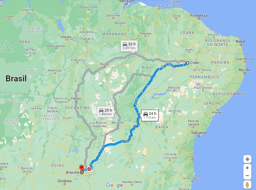 Viagem de carro de Crato (CE) para Brasília (DF) tem trajeto de 1.710 quilômetros no percurso mais curto. — Foto: Google Maps/Reprodução
