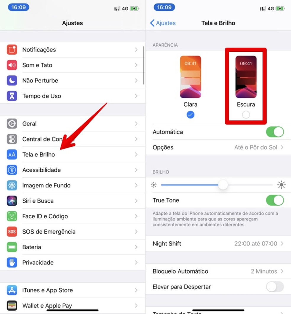 Ativando tema escuro do iOS 13 no iPhone — Foto: Reprodução/Helito Beggiora