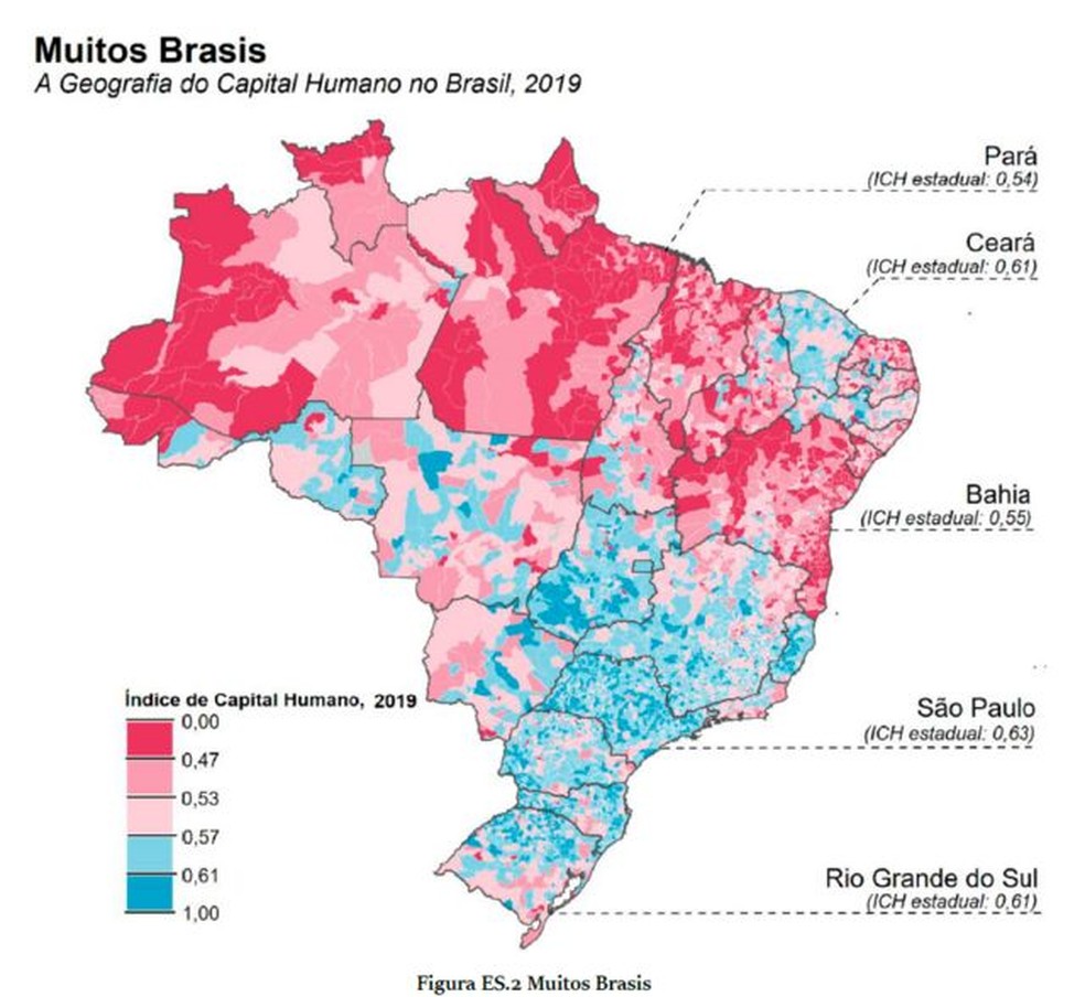 Índice de Capital Humano é mais baixo no Norte e Nordeste, mas há também desigualdades significativas dentro dos Estados e das regiões — Foto: Banco Mundial