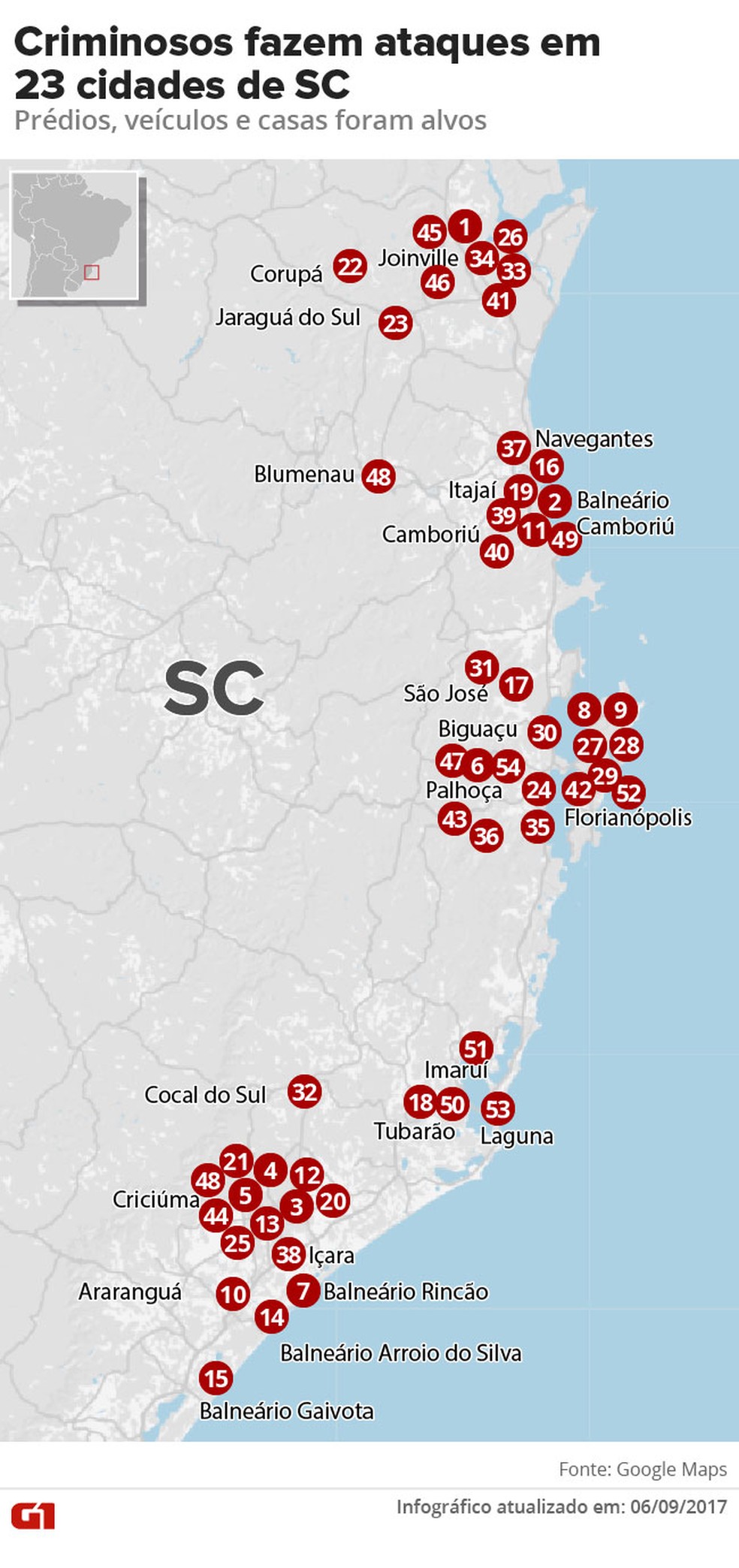 Ataques em Santa Catarina (Foto: Editoria de Arte/G1)