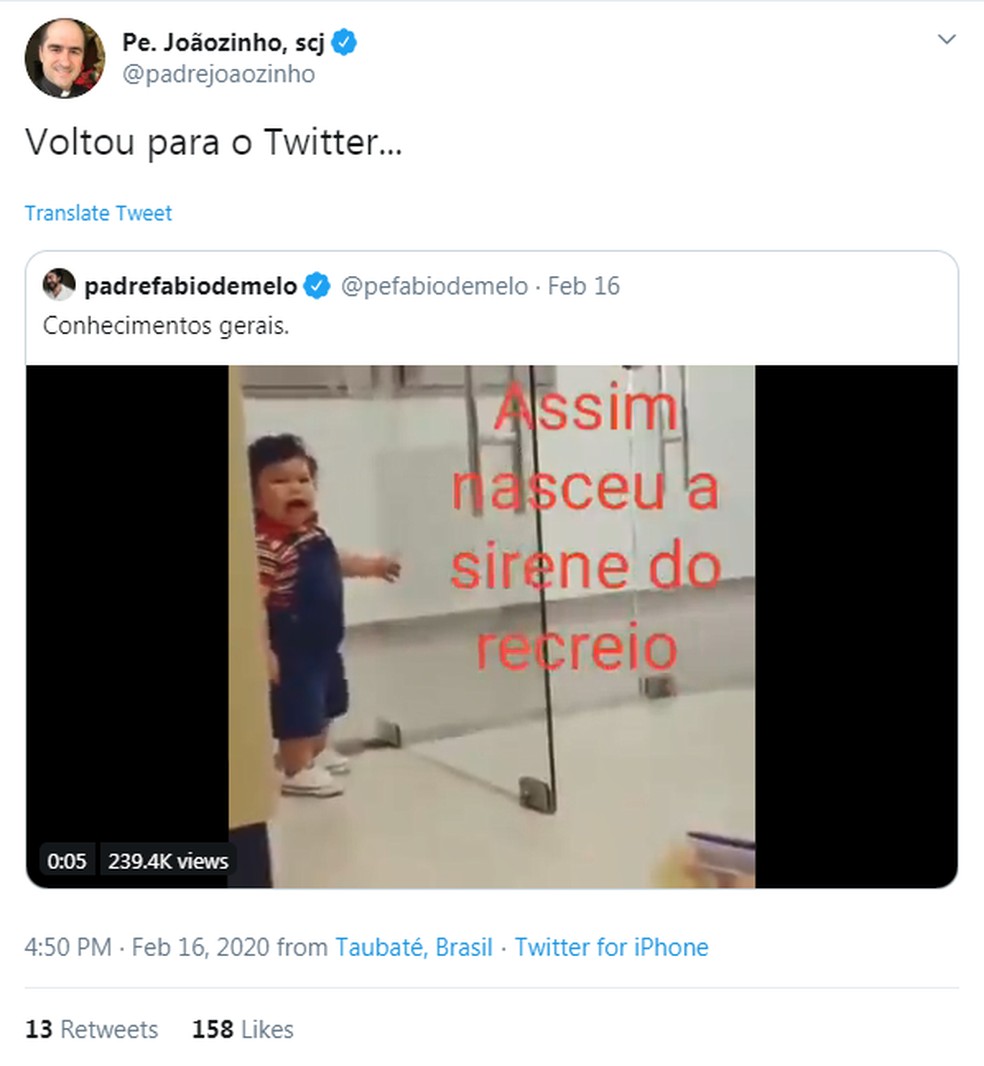 Padre criticava posts de Fábio de Melo com o que chamou de "postagens inúteis" — Foto: Reprodução/Twitter