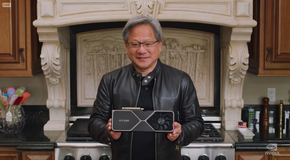 RTX 3080 durante a apresentação da Nvidia; produto promete dobrar o desempenho da RTX 2080 — Foto: Reprodução/Nvidia