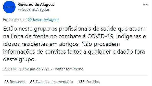 Post do Governo do Estado de Alagoas no Twitter (Foto: Reprodução/ Twitter)