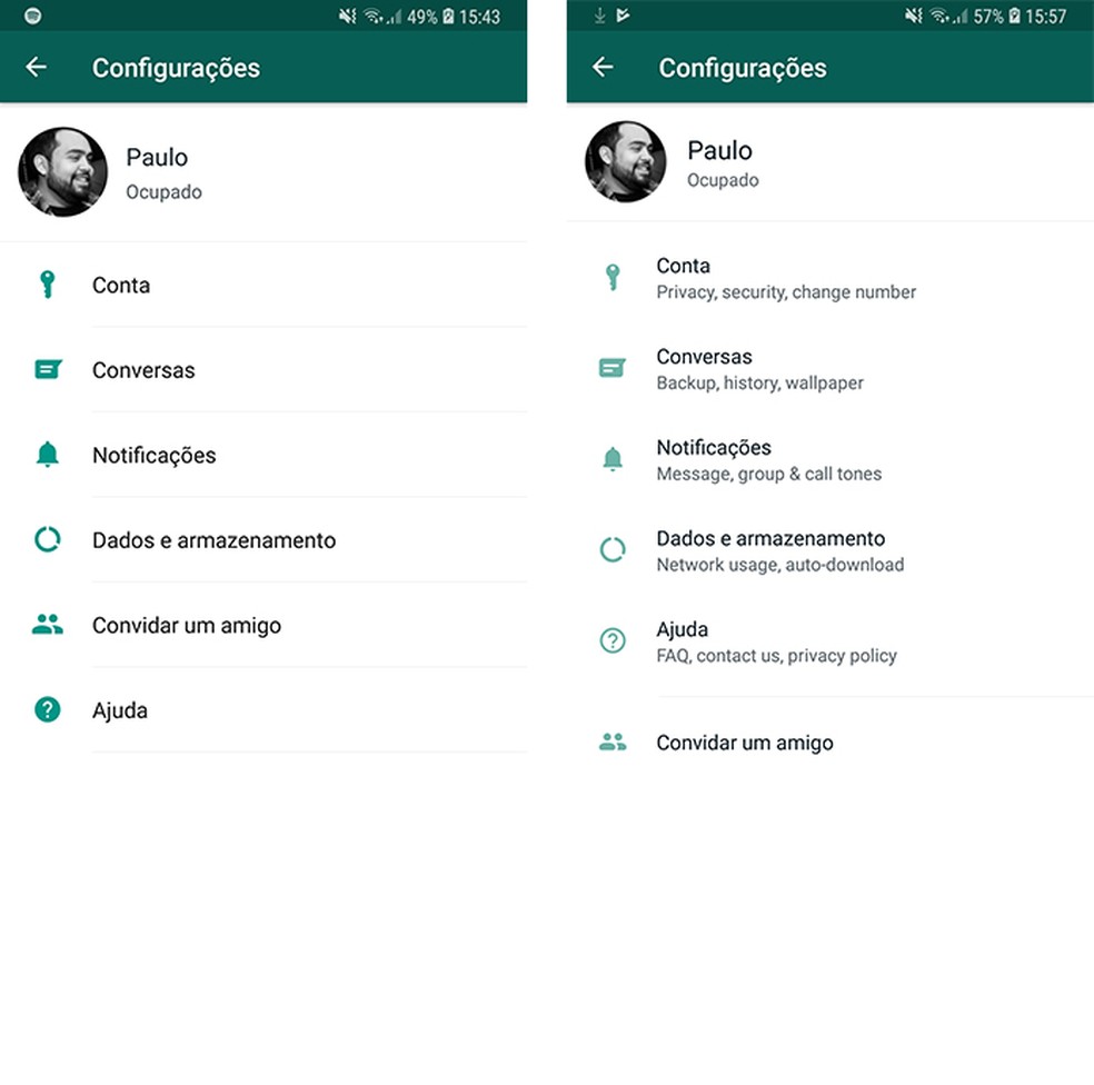 Menu de configuraÃ§Ãµes do WhatsApp Beta tem Ã­cones renovados no Android â€” Foto: ReproduÃ§Ã£o/Paulo Alves