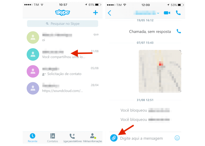 Acessando as opções de envio do chat do Skype para iPhone (Foto: Reprodução/Marvin Costa)
