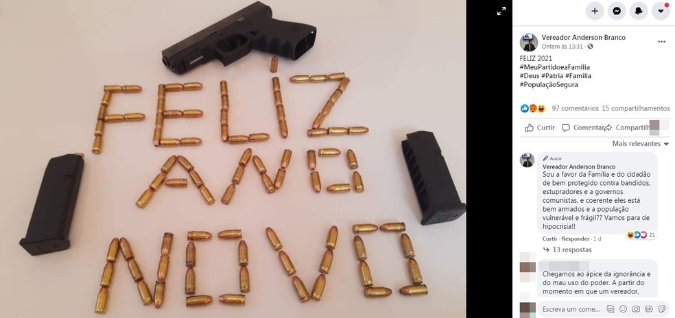 Vereador de Rio Preto (SP) postou mensagem de 'feliz Ano Novo' com foto de armas e munições e gerou polêmica na web — Foto: Reprodução/Facebook/Vereador Anderson Branco